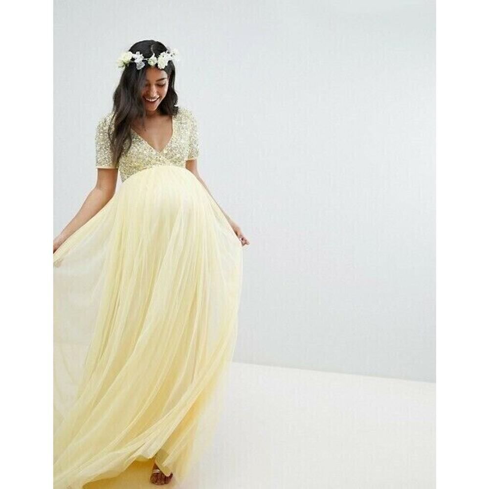 $135 MAYA MATERNITY Cap Sleeve Sequin Tulle Maxi Dress ASOS Designer Yellow 6